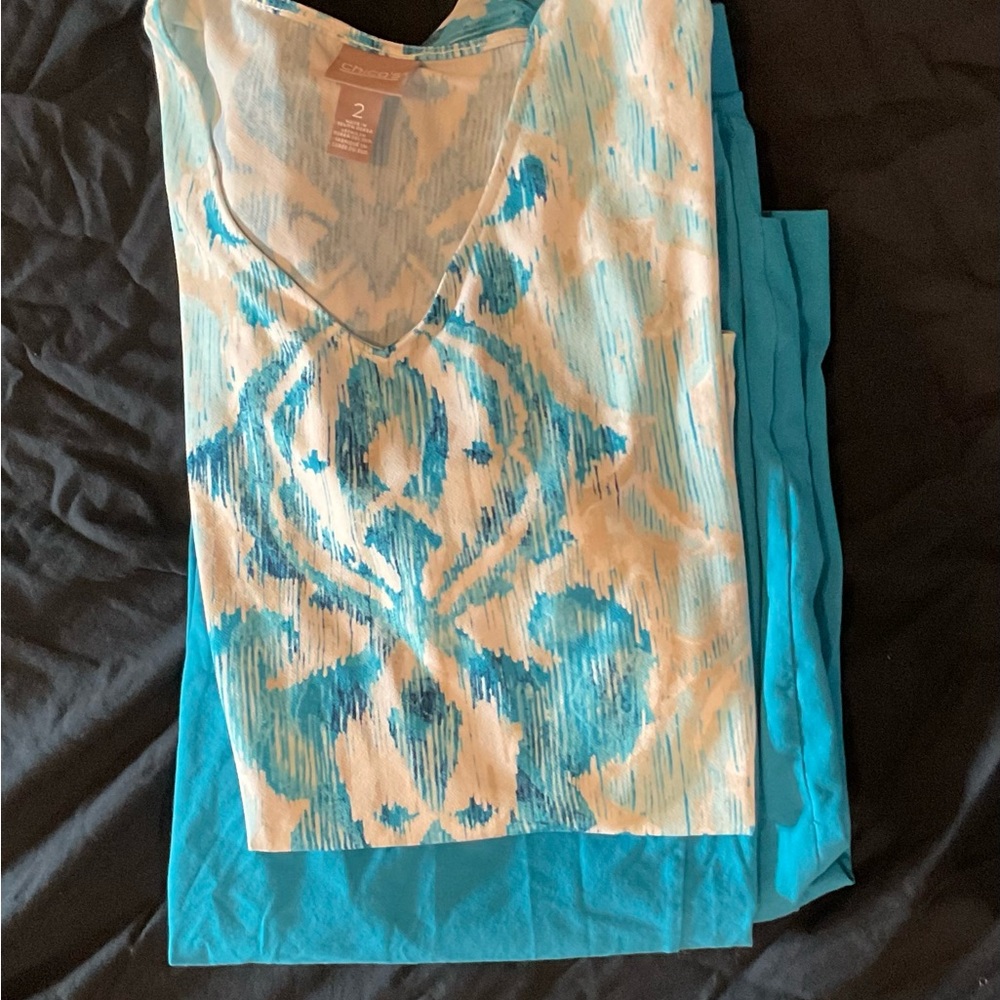 Blue and White Patterned V-Neck Top